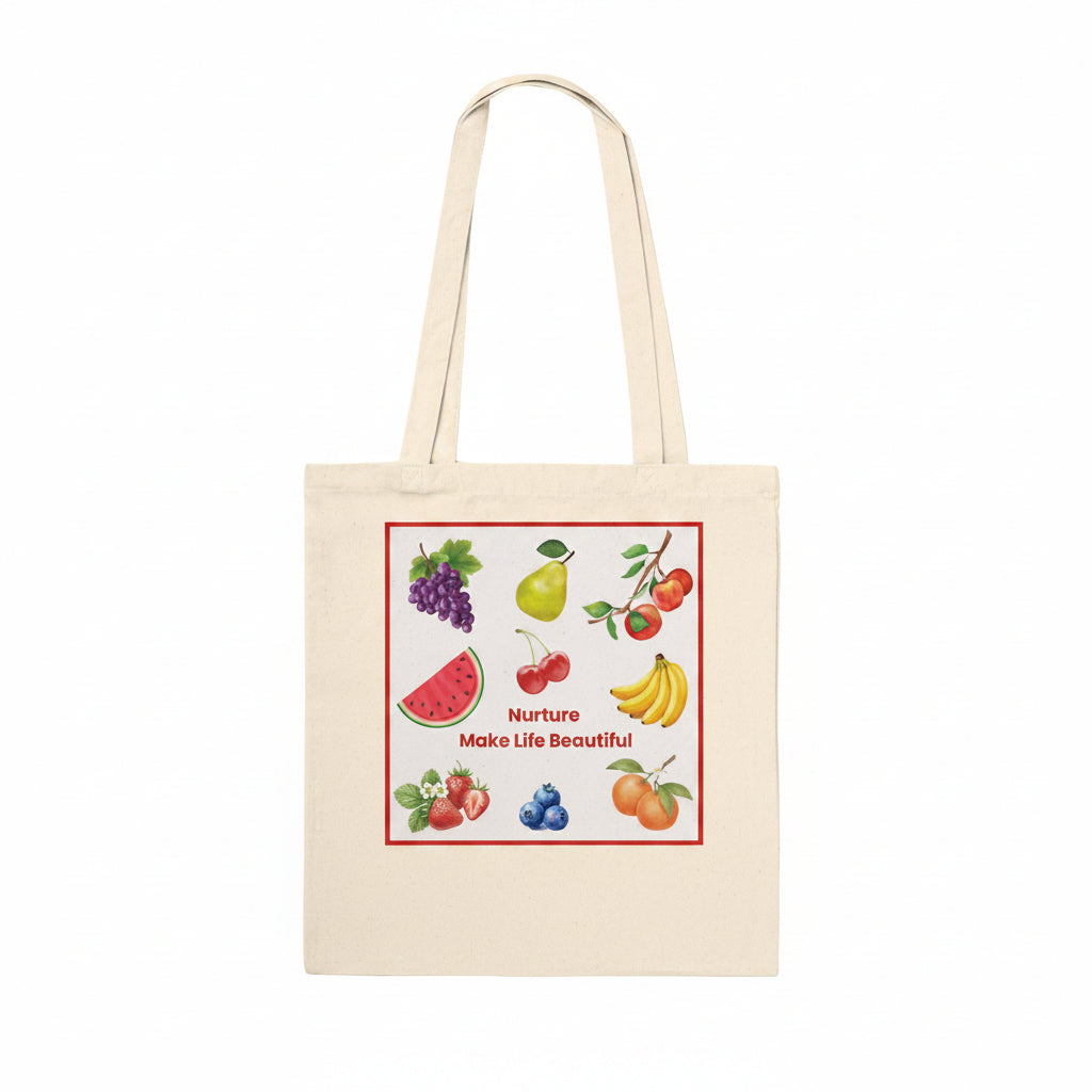 A natural canvas tote bag with dual shoulder straps, featuring a colorful fruit illustration and the text 'Nurture Make Life Beautiful' printed on the front, set against a plain white background.
