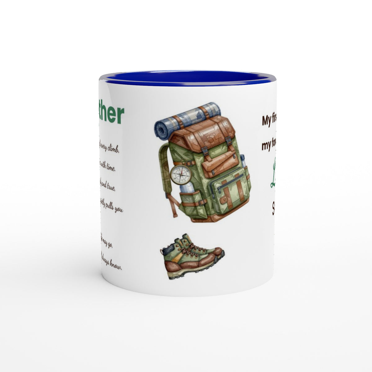 A white ceramic mug with a blue interior, featuring a hiking backpack illustration and partial text on the side, shown on a clean white background.
