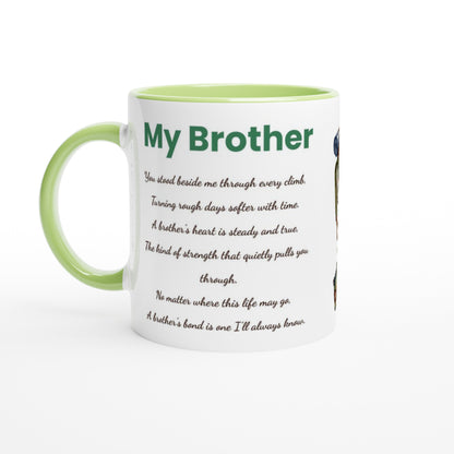 A white ceramic mug with a light green handle and interior, printed with the word 'My Brother' in green followed by a poem in black script. 