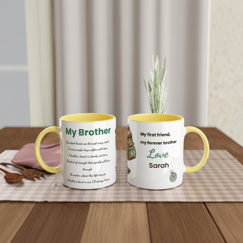 Two personalized ceramic mugs with yellow interiors and handles, displayed side by side on a wooden table with a placemat, spoon, and small plant in the background. One mug shows a poem titled 'My Brother' and the other shows a message starting 'My first friend, my forever brother Love Sarah'.