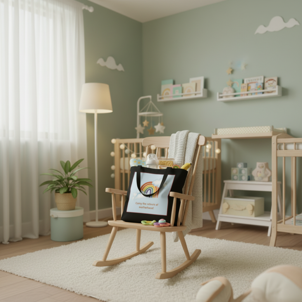 A black fabric tote bag with a colorful rainbow graphic and the text 'Using the power of imagination' resting on a wooden baby rocking chair in a styled nursery.