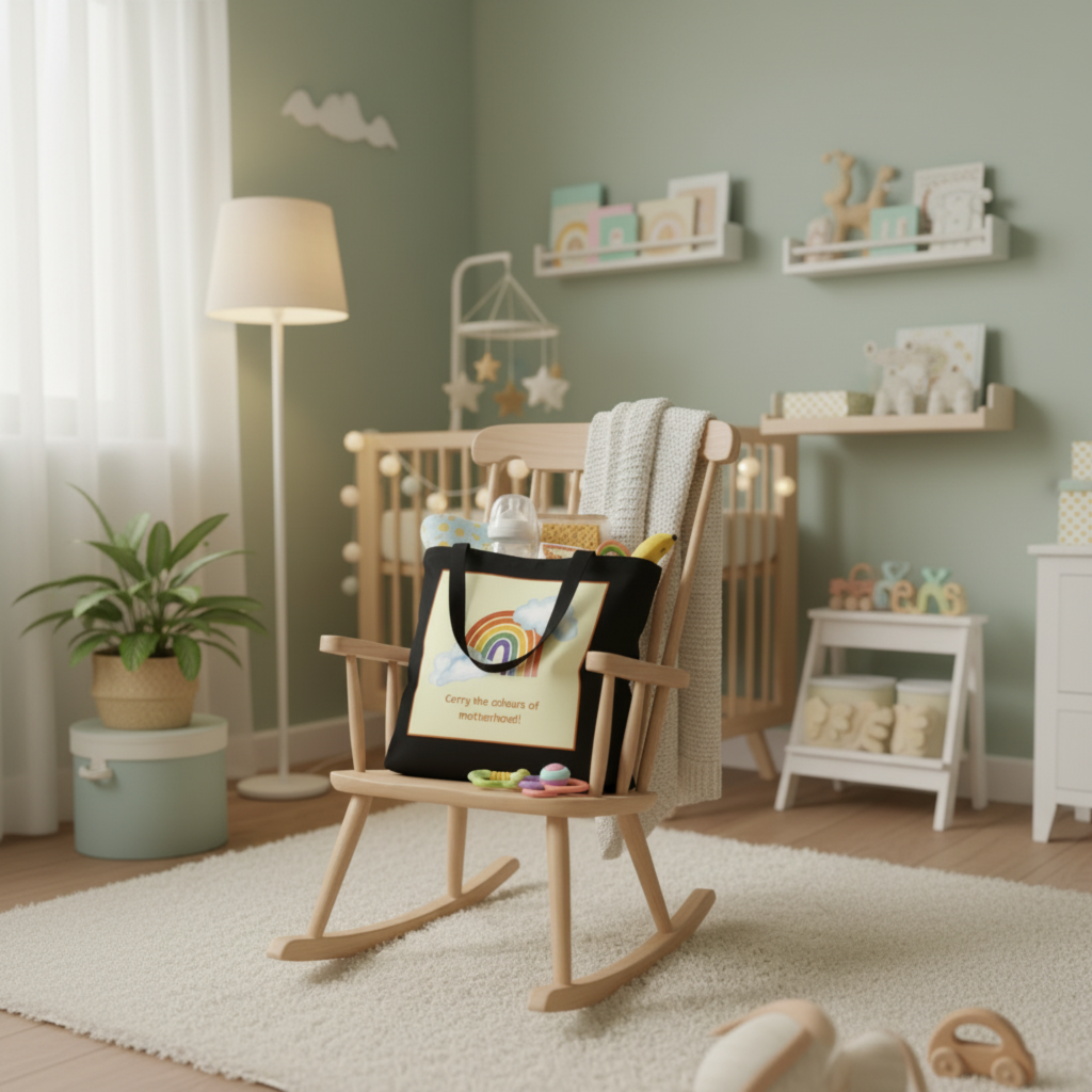 A black tote bag with a colorful rainbow graphic and the text 'Carry the scent of motherhood!' resting on a wooden rocking chair in a styled nursery setting.