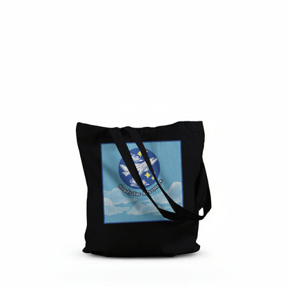 A black canvas tote bag with black shoulder straps, featuring a square graphic print on the front 