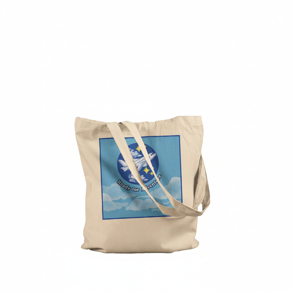 A natural canvas tote bag with two shoulder straps, featuring a square graphic print on the front with a blue border