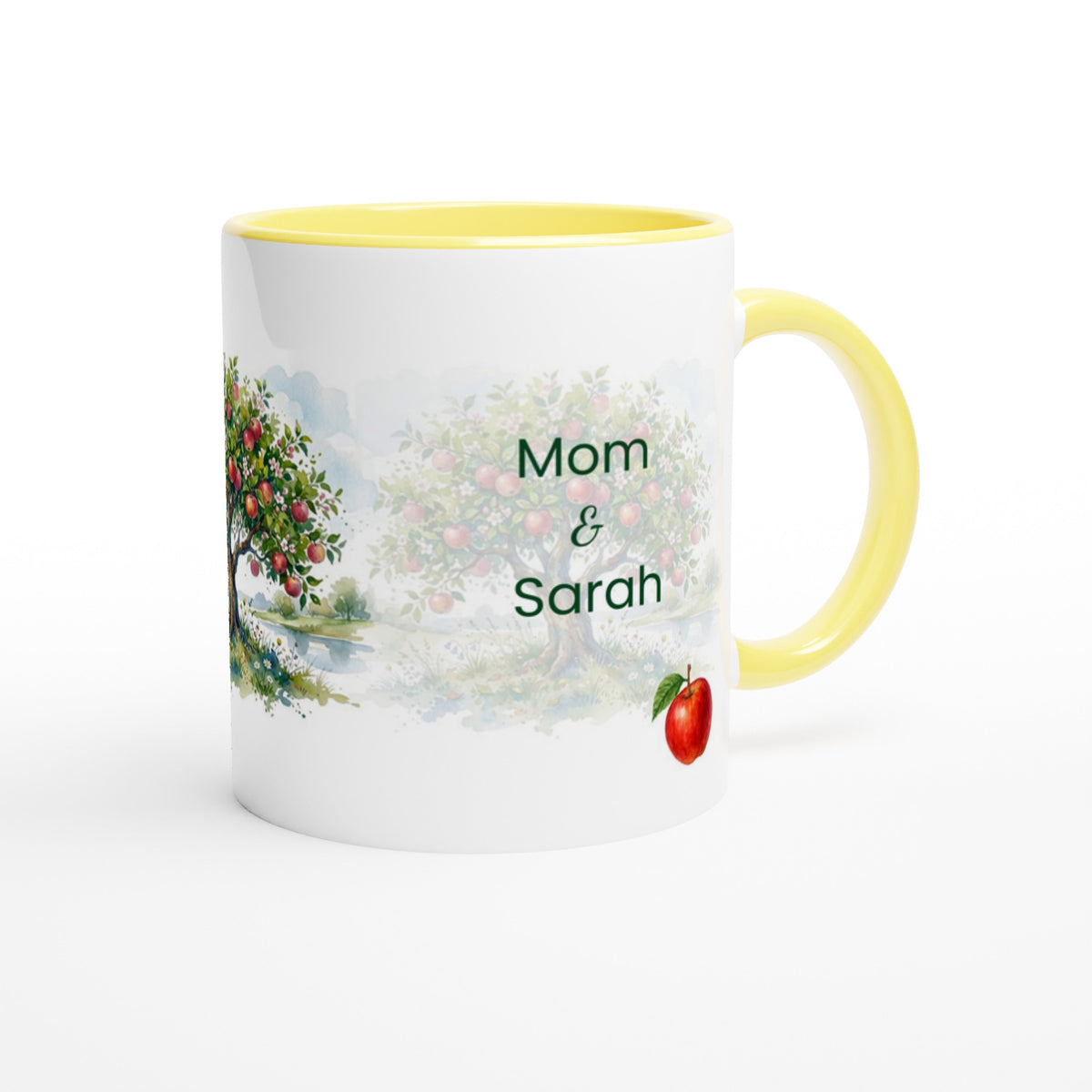 A white ceramic mug with a yellow handle and interior, featuring a watercolor-style apple tree illustration and the personalized text 'Mom & Sarah' on the front.