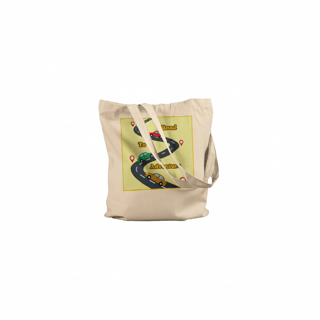 A beige canvas tote bag with a printed graphic of a winding road and cars on a yellow background, shown against a plain white background.