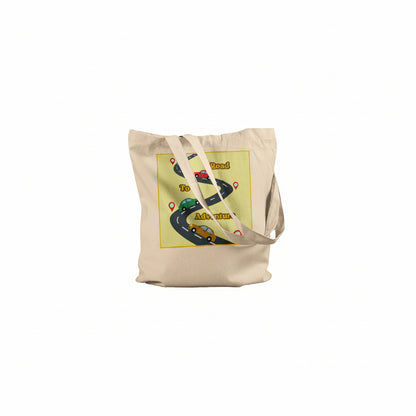 A beige canvas tote bag with a printed graphic of a winding road and cars on a yellow background, shown against a plain white background.