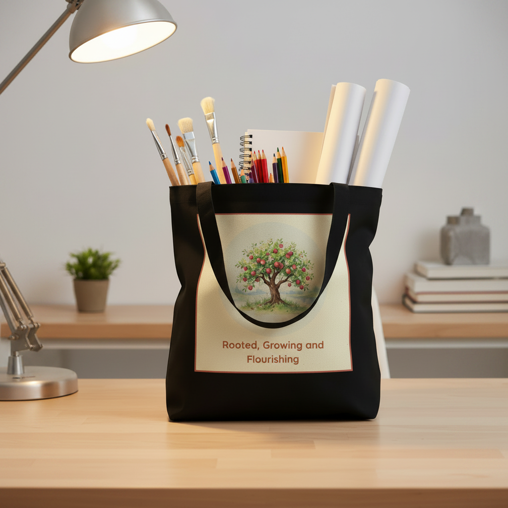 A black canvas tote bag with a cream front panel featuring a tree illustration and the words 'Rooted, Growing and Flourishing,' filled with art supplies and standing on a light wood desk in a softly lit room.