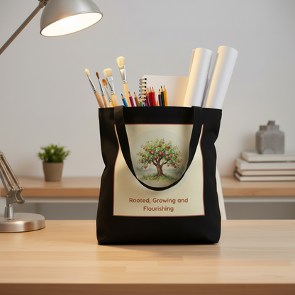 A black canvas tote bag with a cream front panel featuring a tree illustration and the words 'Rooted, Growing and Flourishing,' filled with art supplies and standing on a light wood desk in a softly lit room.