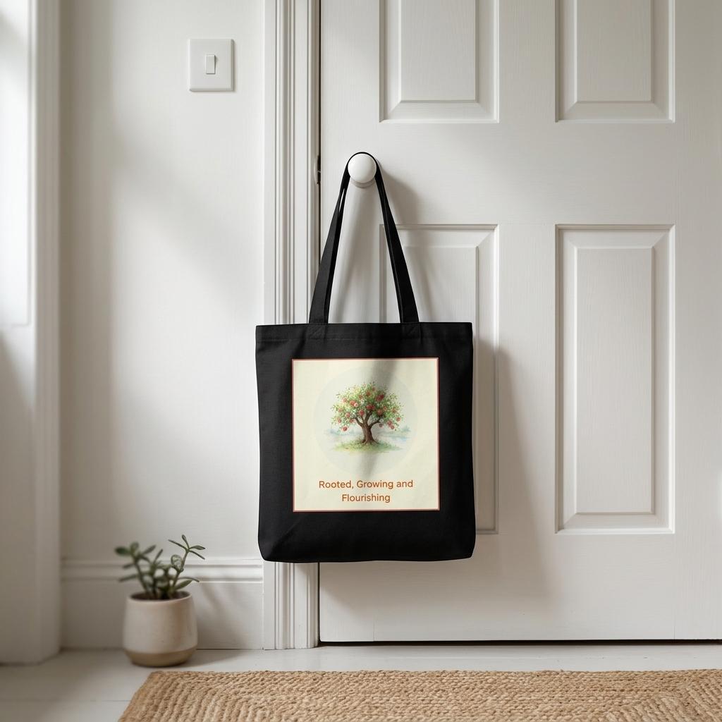 A black canvas tote bag with a square cream print of a tree and the words 'Rooted, Growing and Flourishing' hanging on a white door in a bright interior setting.