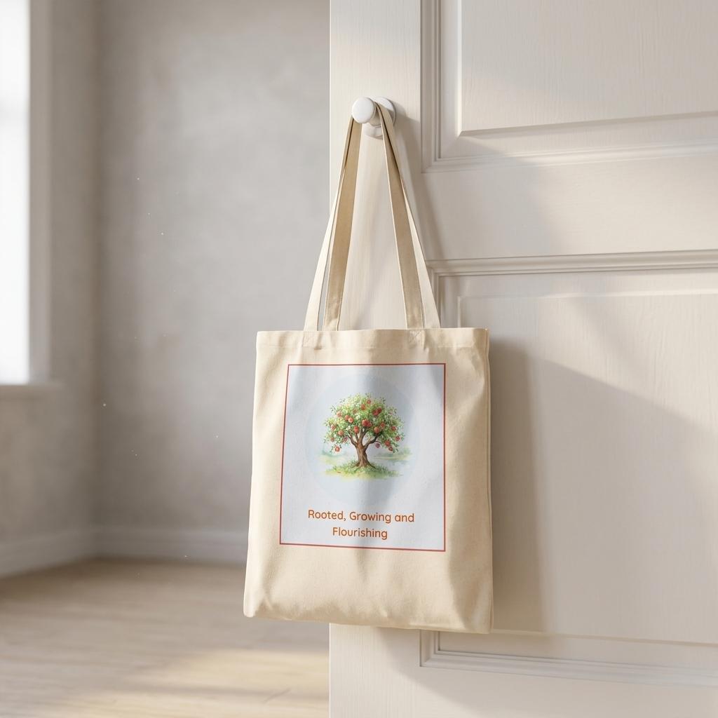 A cream canvas tote bag with a printed illustration of a tree and the words 'Rooted, Growing and Flourishing' hanging from a white door hook in a bright, neutral room.