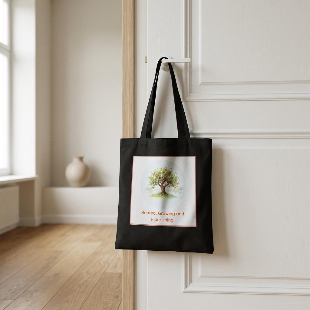 A black canvas tote bag with a square white label featuring a tree illustration and the words 'Rooted, Growing and Flourishing,' hanging from a white door in a bright room with wood flooring.