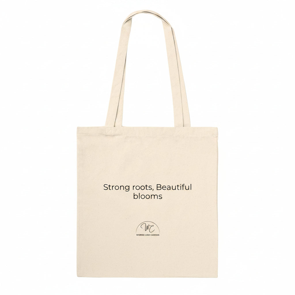 A natural canvas tote bag with black printed text and a small circular logo below