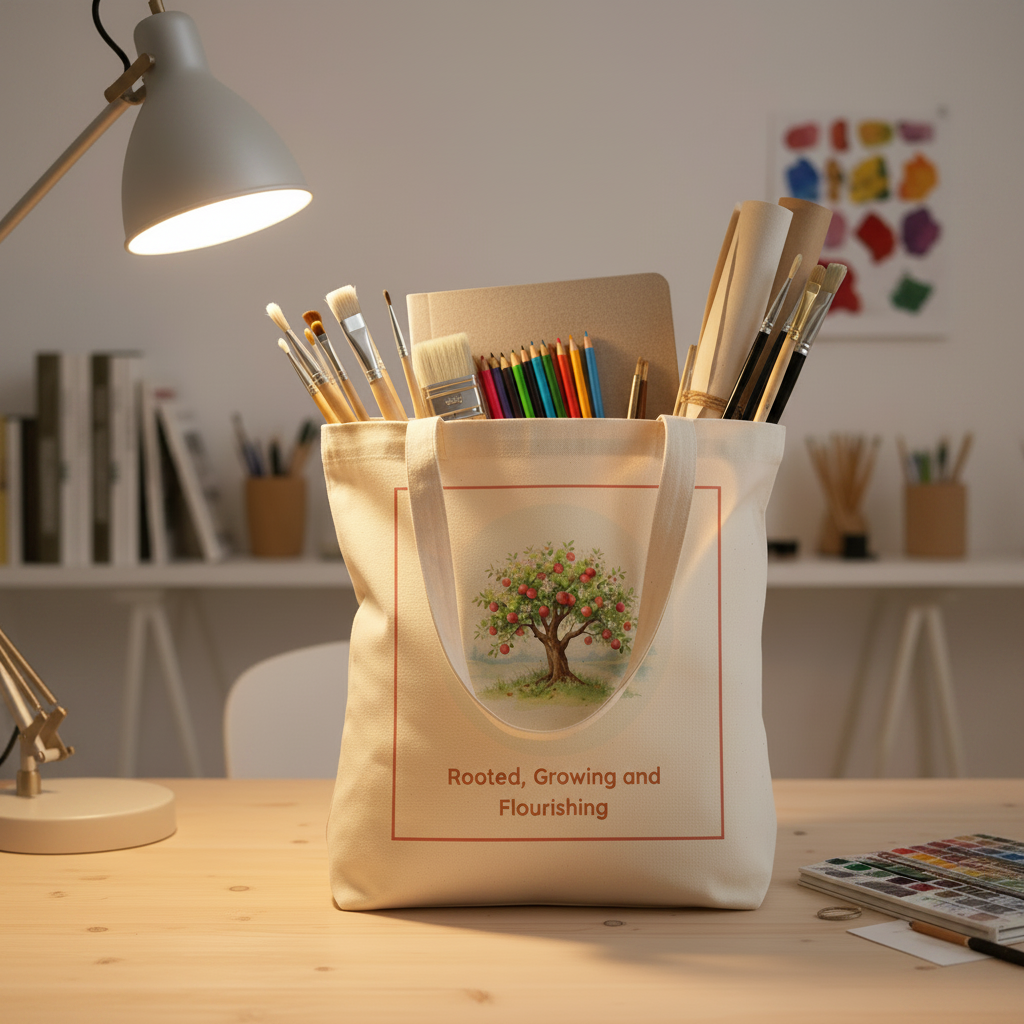 A cream canvas tote bag with a printed tree illustration and the words 'Rooted, Growing and Flourishing' sits on a wooden desk, filled with art supplies like paintbrushes, a palette, and rolled paper. A lit desk lamp is visible on the left, with a blurred studio background.