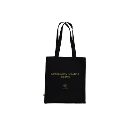 Black tote bag with a logo on a white background