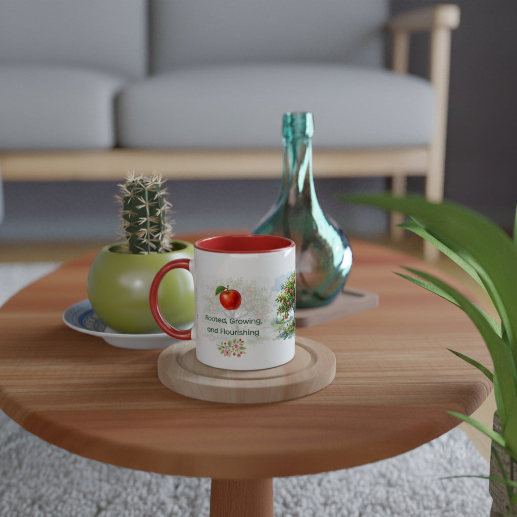 A white ceramic mug with a red handle and interior personalised