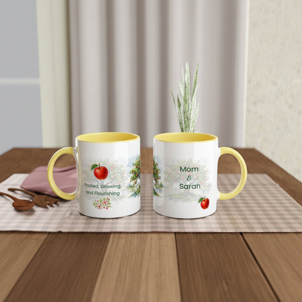 Two white ceramic mugs with yellow interiors and handles sit on a checkered placemat on a wooden table.
