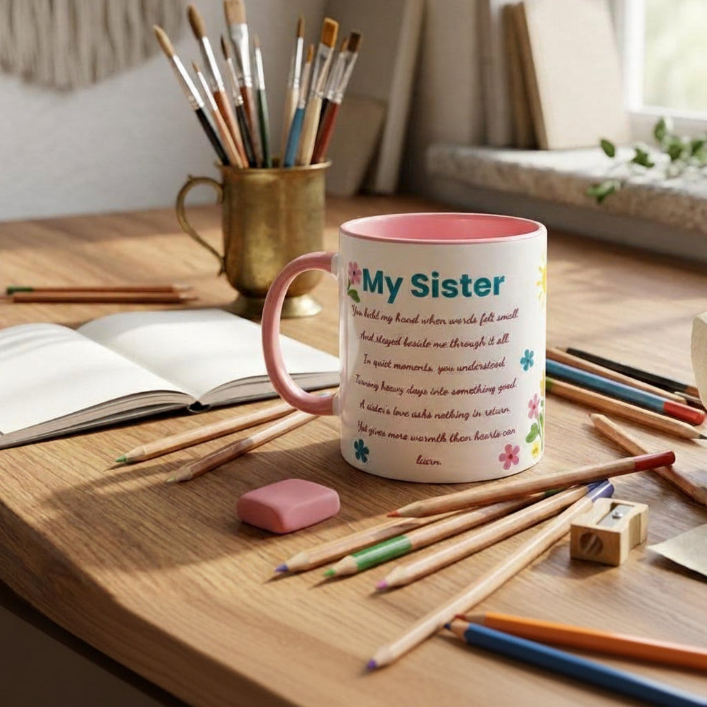 A pink ceramic mug with a floral design and a sentimental message for 'My Sister' sits on a wooden desk surrounded by school and art supplies, including paintbrushes in a cup, colored pencils, an open notebook, and a pink eraser.
