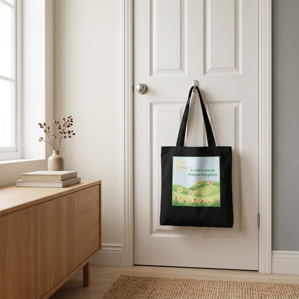 A black tote bag , hanging by the door, with a flowers and meadow graphic on the front.