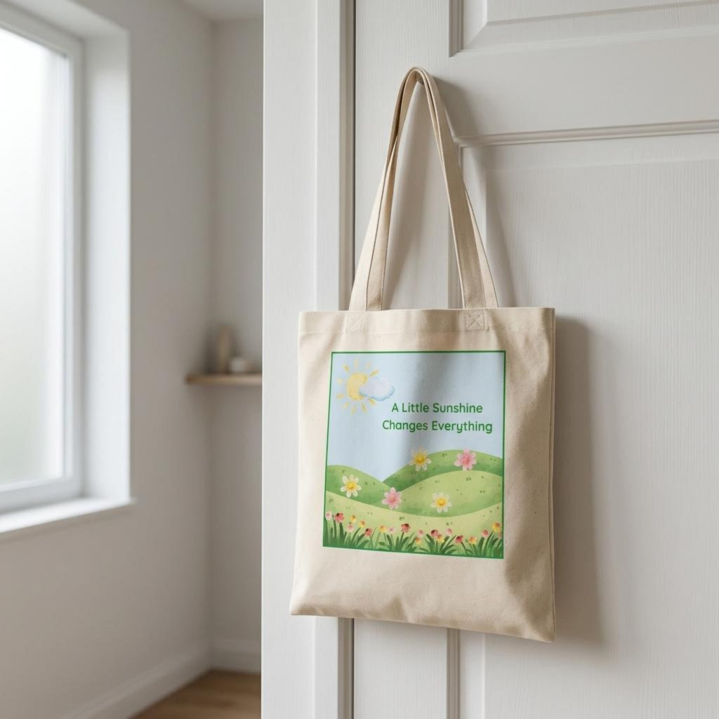A beige canvas tote bag with dual shoulder straps hangs on a white paneled door in a bright, modern room. The front of the bag features a colorful printed graphic with the text 'A Little Sunshine Changes Everything' above a whimsical illustration of green hills, yellow flowers, and a sun.
