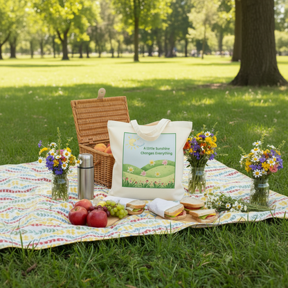 A natural coloured tote bag, in a picnic scene