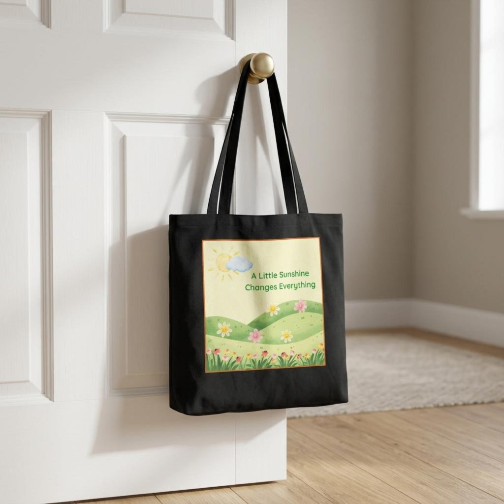 A black canvas tote bag with a colorful spring landscape graphic and the text 'A Little Sunshine Changes Everything' hanging from a brass doorknob on a white paneled door.