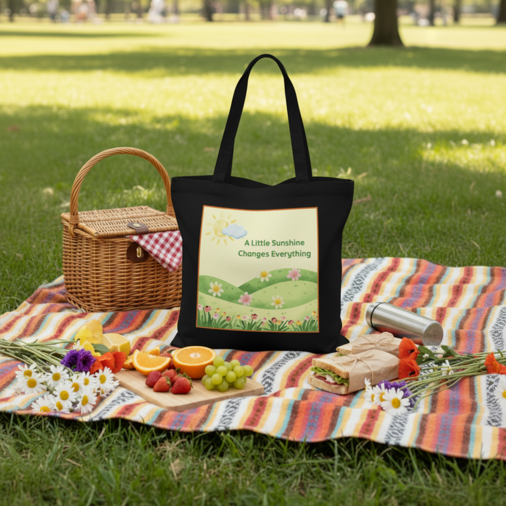 A black canvas tote bag with a colorful printed graphic sits on a striped picnic blanket on a grassy park lawn. A wicker picnic basket, fruit, flowers, and a wrapped sandwich are arranged around it, creating a lifestyle outdoor scene.