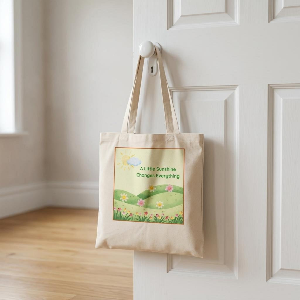 A beige canvas tote bag with long handles hangs from a white door knob in a bright room. The front of the bag features a printed illustration of a sunny grassy landscape with the text 'A Little Sunshine Changes Everything'.