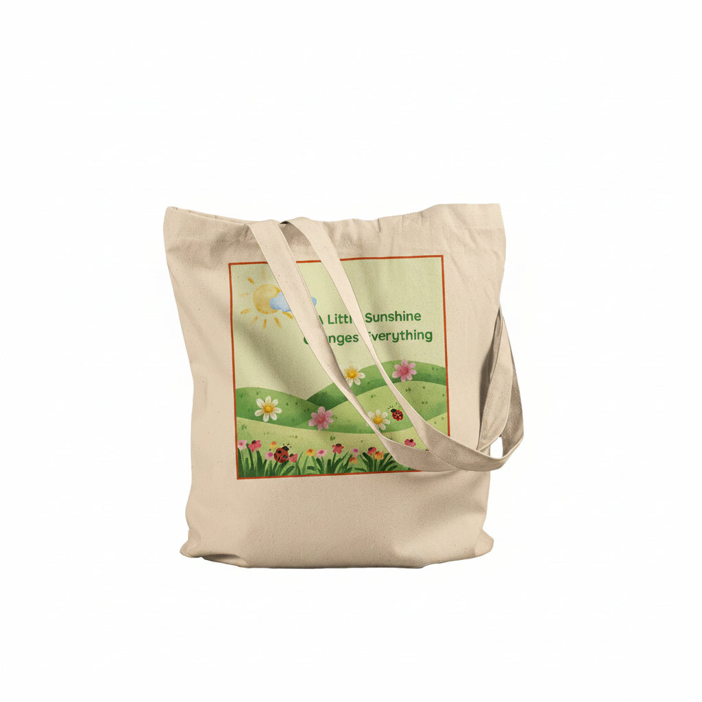 A beige canvas tote bag with a printed illustration of a sunny green hillside and flowers, featuring the quote 'A Little Sunshine Changes Everything' on a white background.
