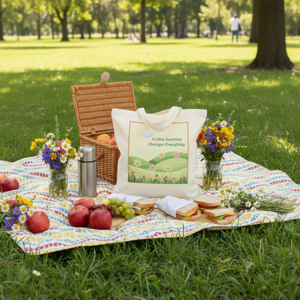 A cream canvas tote bag with a colorful landscape illustration and the text 'A Little Sunshine Changes Everything' is displayed on a patterned picnic blanket in a grassy park. A wicker picnic basket, sandwiches, apples, grapes, and small flower arrangements are arranged around it.