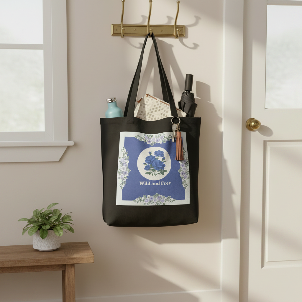A black tote bag hanging on a brass hook rack in a doorway. The bag has a large blue and white floral print on the front with the words 'Wild and Free' and is styled with accessories including a water bottle, a notebook, and an umbrella.