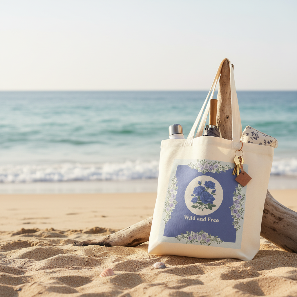 A cream canvas tote bag with a blue floral graphic and the words 'Wild and Free' sits on a sandy beach next to driftwood, with the ocean in the background.