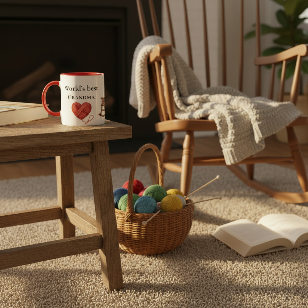 A white ceramic mug with a red rim and the text 'World's best GRANDMA' with a red heart graphic, placed on a wooden table in a cozy living room setting with a rocking chair, blanket, and basket of colorful yarn balls.