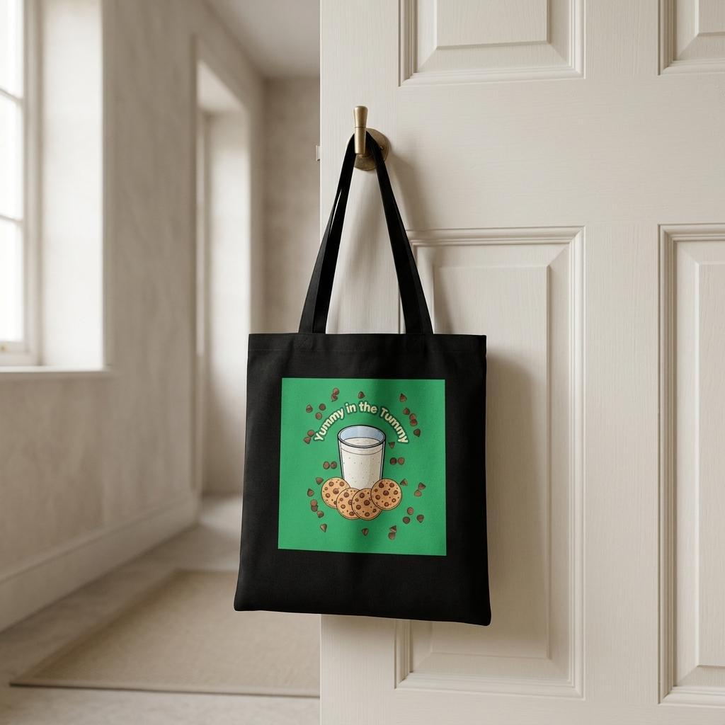 A black canvas tote bag with a green graphic print hanging from a brass doorknob on a white paneled door. The graphic features a milk carton, cookies