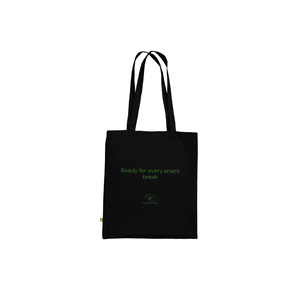 Black tote bag with a logo on a white background