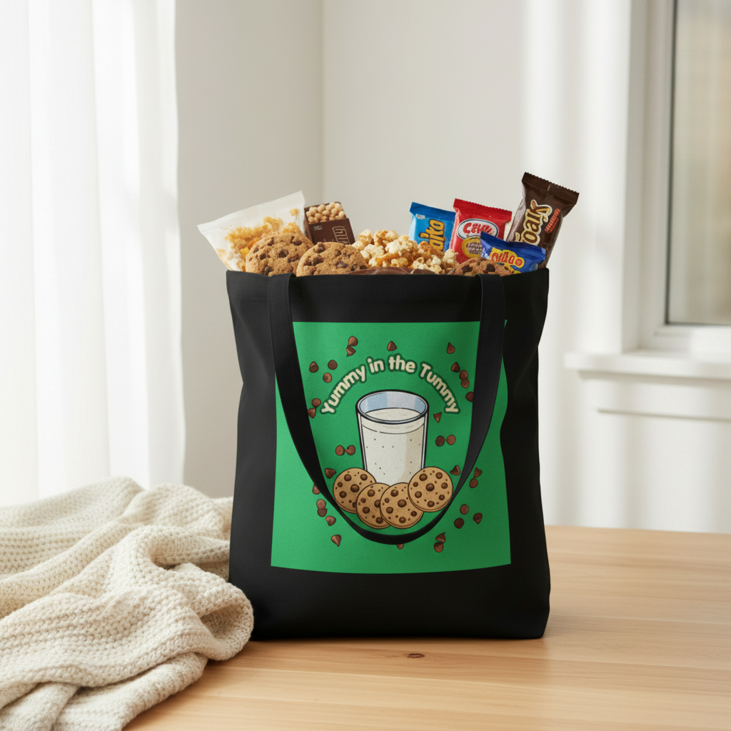 A black tote bag with a green front panel printed with the phrase 'tummy in the tummy' and an illustration of cookies and milk, filled with assorted snacks and placed on a wooden table in a bright indoor setting.