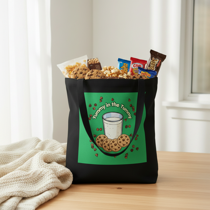 A black tote bag with a green front panel printed with the phrase 'tummy in the tummy' and an illustration of cookies and milk, filled with assorted snacks and placed on a wooden table in a bright indoor setting.