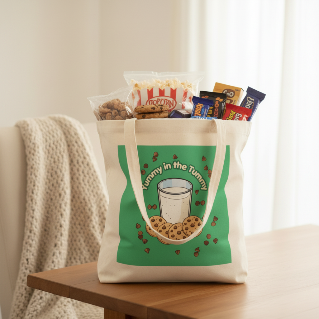A cream canvas tote bag with green handles sits on a wooden table in a softly lit room. The bag has a large green graphic on the front featuring an illustration of a glass of milk, chocolate chip cookies, and scattered chocolate pieces, with the text 'Tummy in the Tummy.